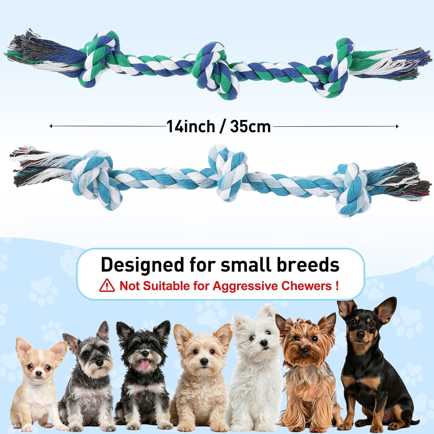 Exciting 2-Pack Dog Rope Toys for Small Breeds - 14-Inch Tug Toys in Vibrant Green & Blue for Energy Release, Boredom Relief, and Dental Health