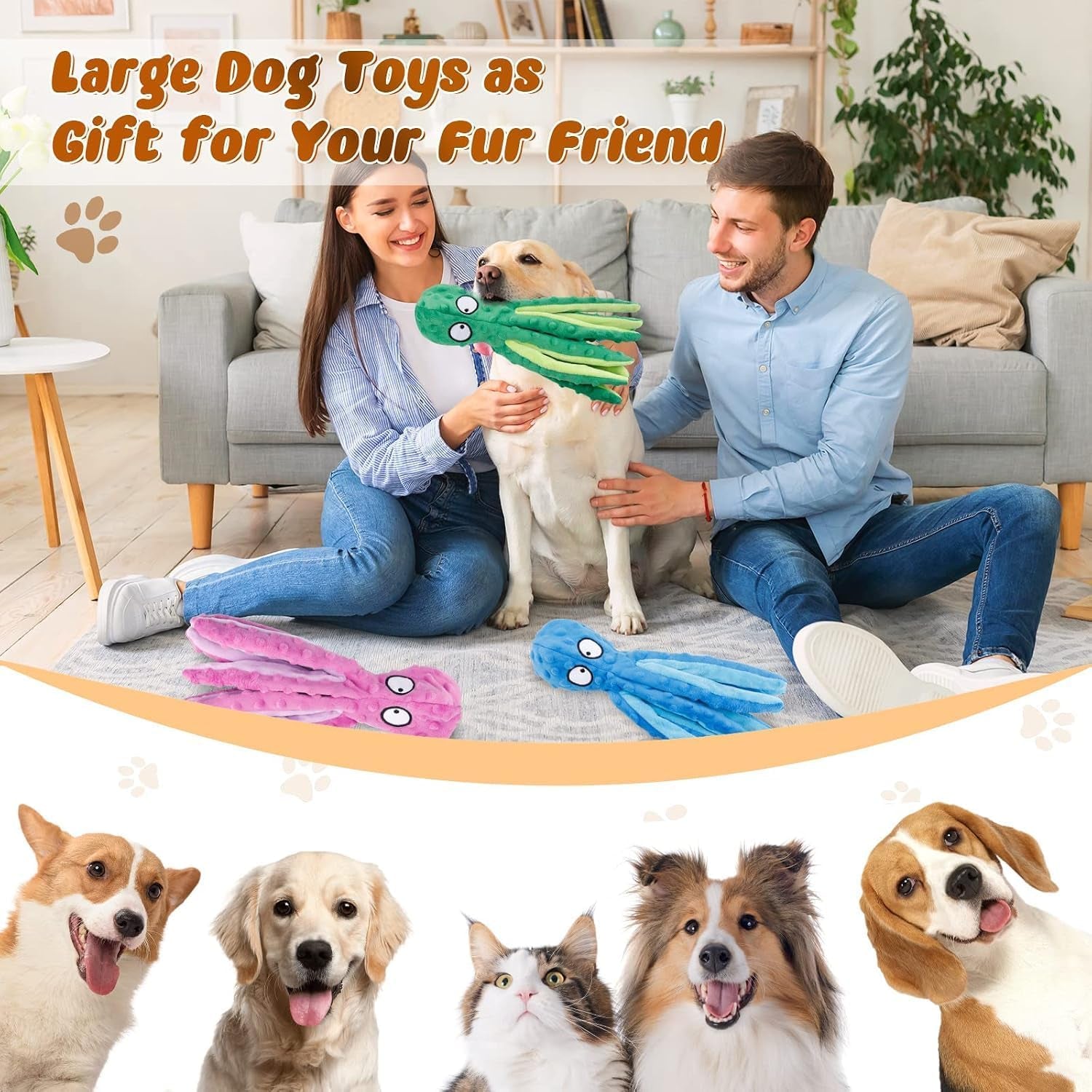 Delight Your Pup with Our 3 Pack Plush Octopus Dog Toys - Perfect for Small to Large Dogs, Squeaky Fun with No Stuffing!